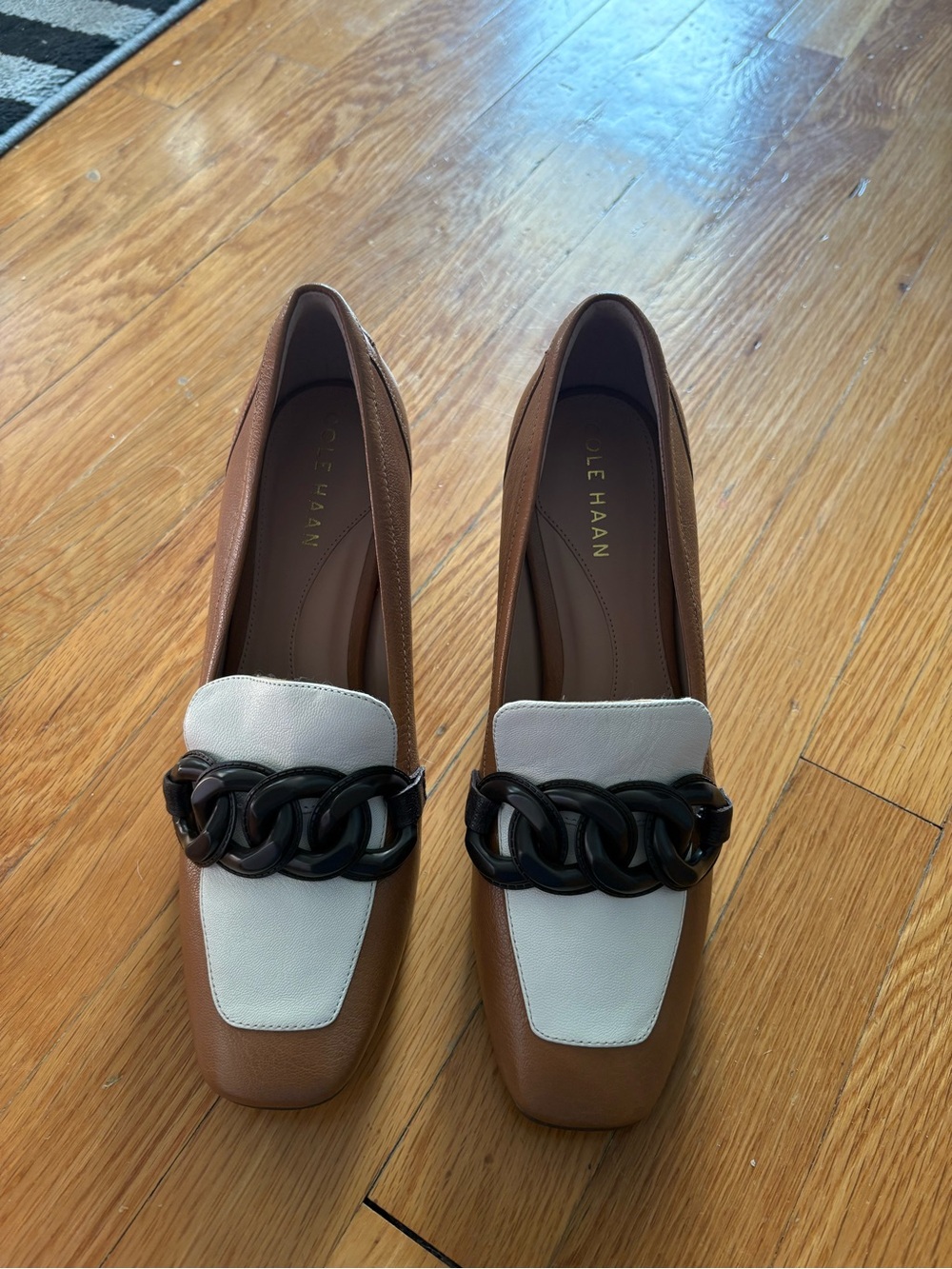 Cole Haan Tan and White Heels with Black Chain Accent
